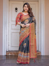 Rust Red & Charcoal Grey Traditional Folk Art Printed Handloom Cotton Saree with Heritage Border & Tassels – Cultural Festive Wear