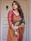 Rust Red & Charcoal Grey Traditional Folk Art Printed Handloom Cotton Saree with Heritage Border & Tassels – Cultural Festive Wear