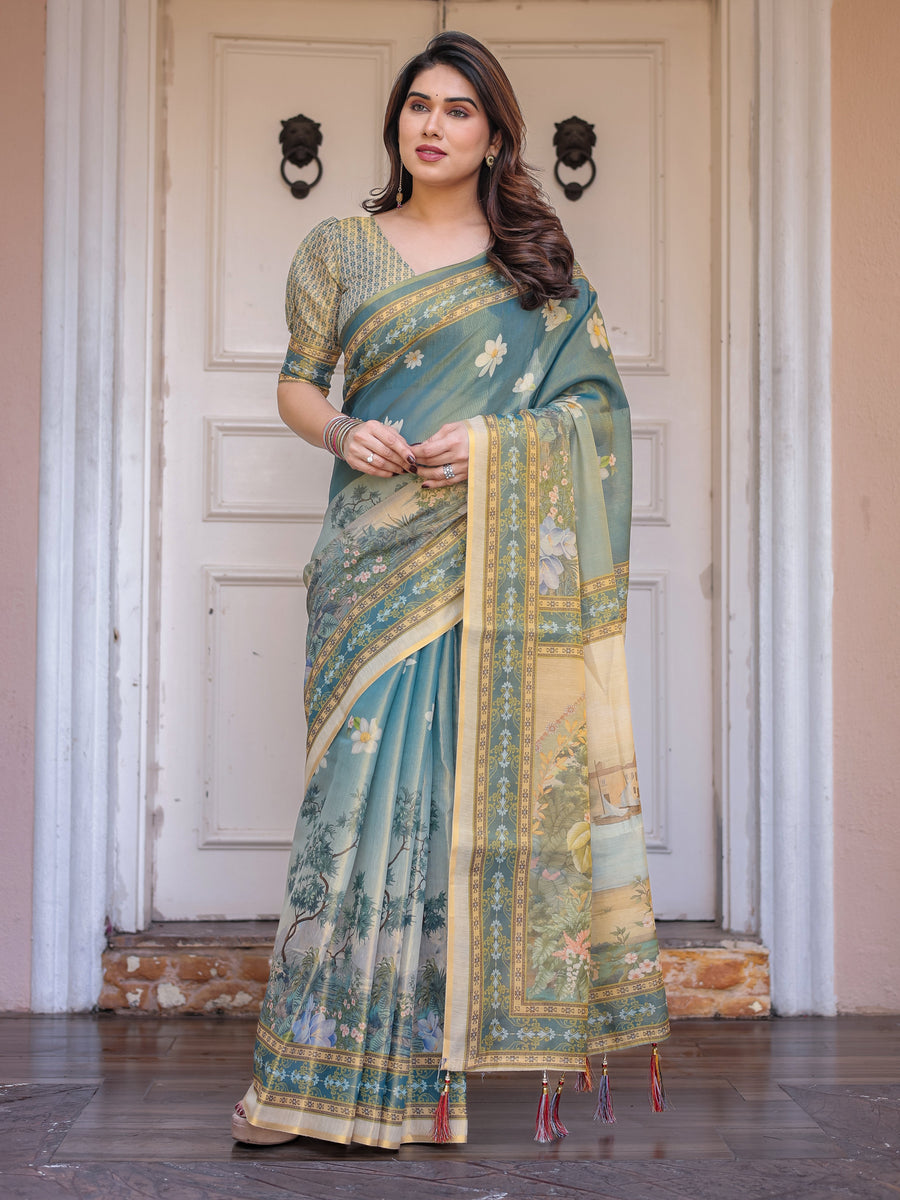 Pastel Sea-Green Scenic Landscape Printed Handloom Cotton Saree with Artistic Pallu & Tassels – Day Wear