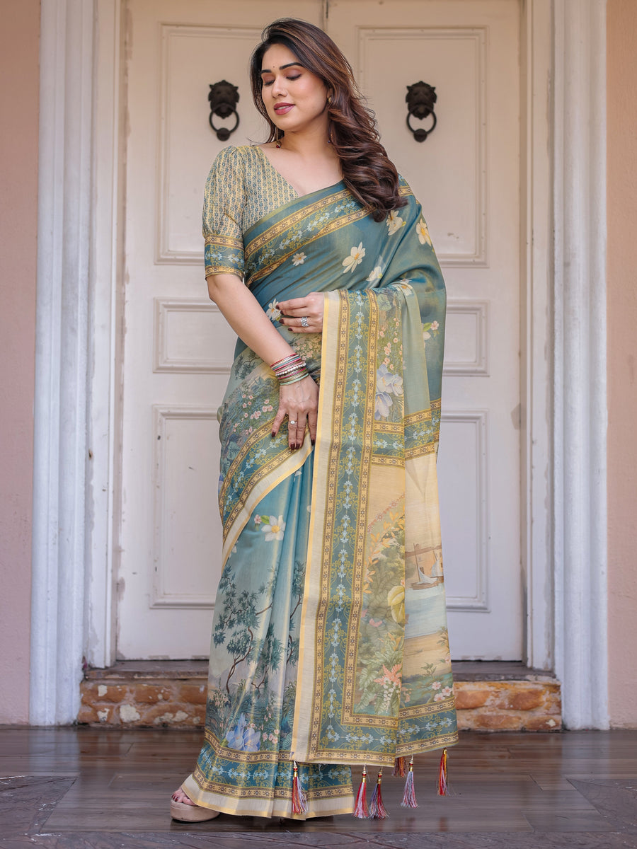 Pastel Sea-Green Scenic Landscape Printed Handloom Cotton Saree with Artistic Pallu & Tassels – Day Wear