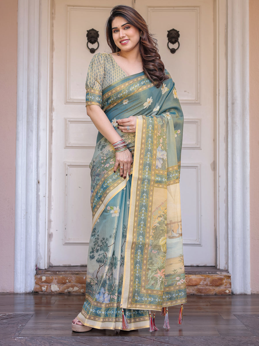 Pastel Sea-Green Scenic Landscape Printed Handloom Cotton Saree with Artistic Pallu & Tassels – Day Wear