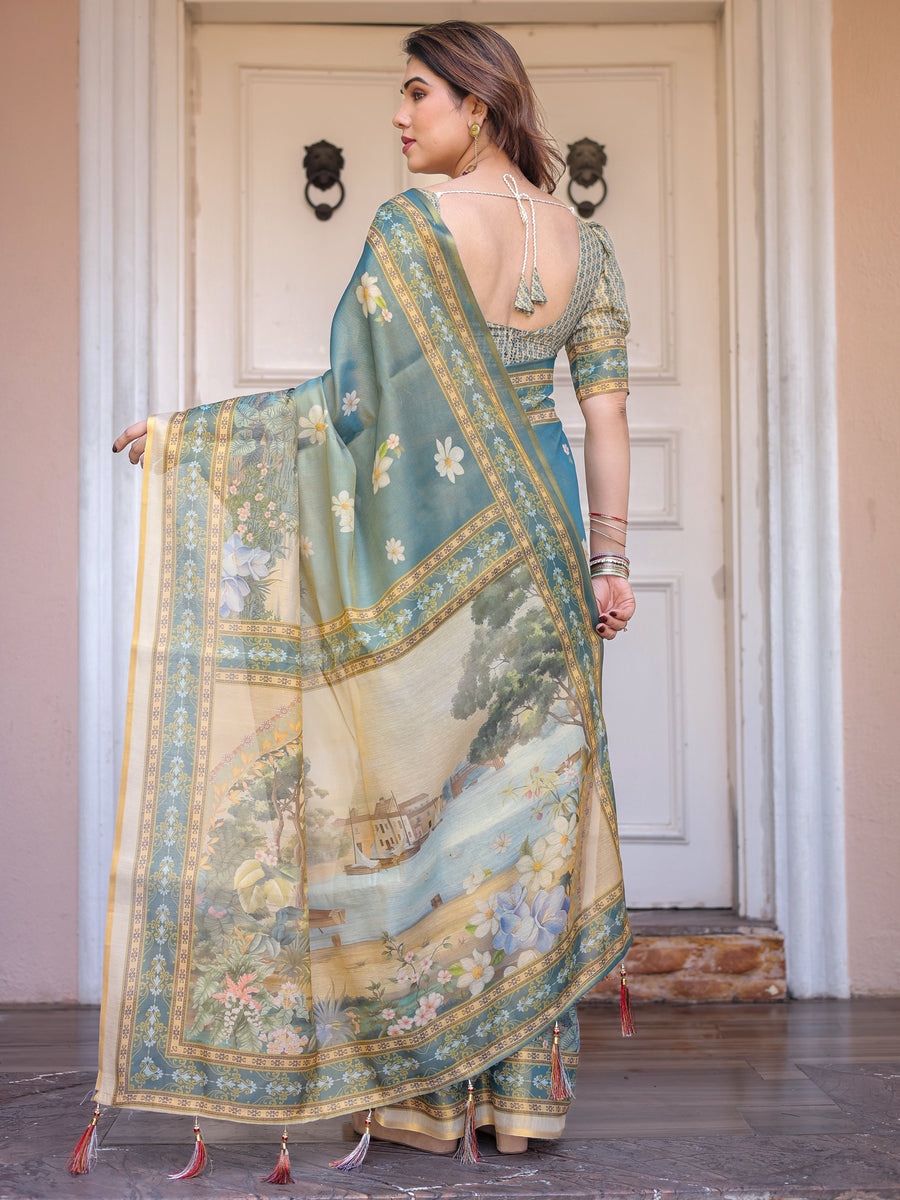 Pastel Sea-Green Scenic Landscape Printed Handloom Cotton Saree with Artistic Pallu & Tassels – Day Wear