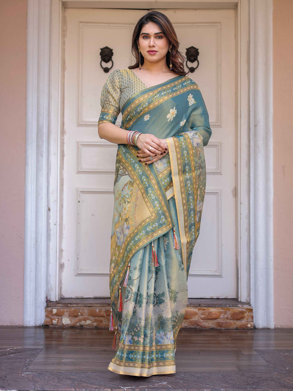 Pastel Sea-Green Scenic Landscape Printed Handloom Cotton Saree with Artistic Pallu & Tassels – Day Wear