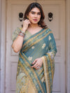 Pastel Sea-Green Scenic Landscape Printed Handloom Cotton Saree with Artistic Pallu & Tassels – Day Wear