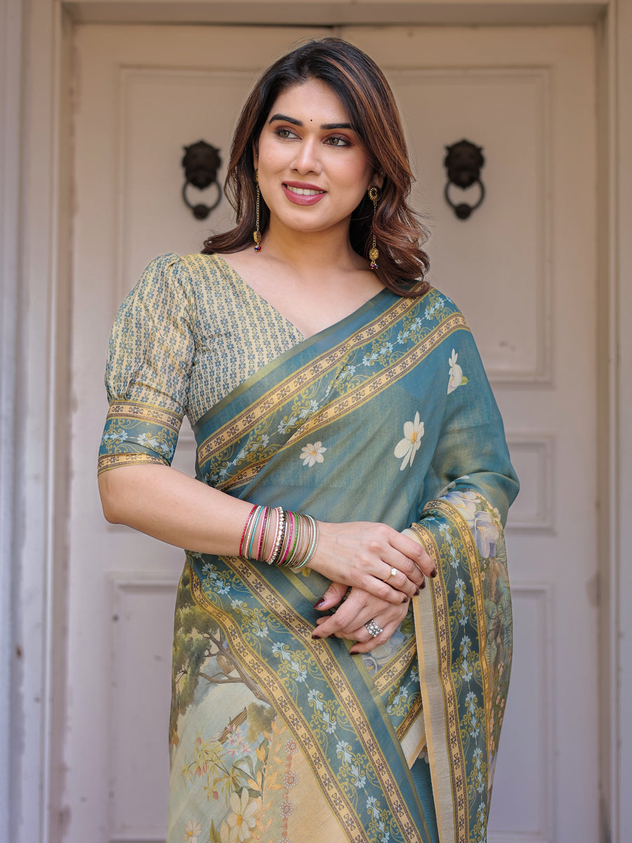 Pastel Sea-Green Scenic Landscape Printed Handloom Cotton Saree with Artistic Pallu & Tassels – Day Wear