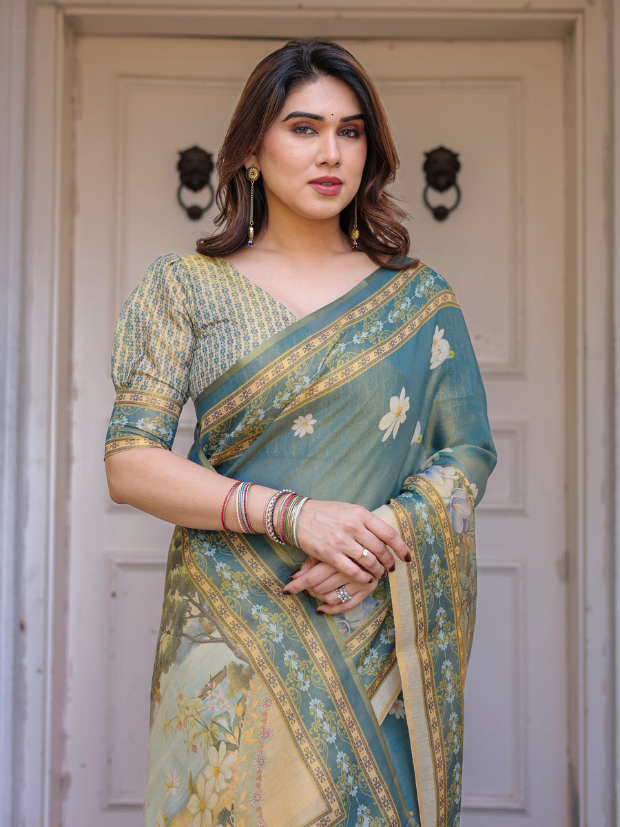 Pastel Sea-Green Scenic Landscape Printed Handloom Cotton Saree with Artistic Pallu & Tassels – Day Wear