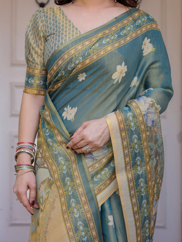 Pastel Sea-Green Scenic Landscape Printed Handloom Cotton Saree with Artistic Pallu & Tassels – Day Wear