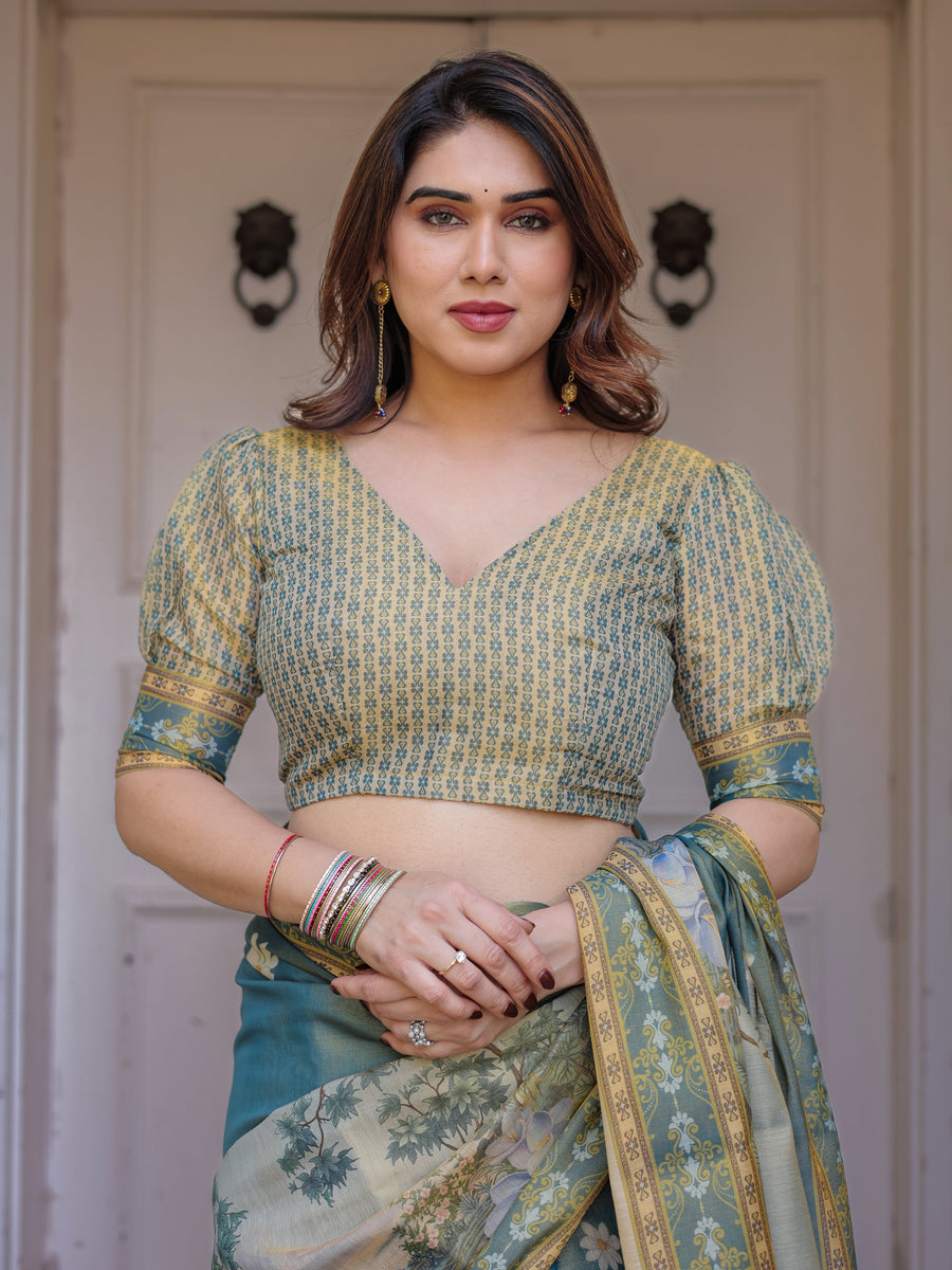 Pastel Sea-Green Scenic Landscape Printed Handloom Cotton Saree with Artistic Pallu & Tassels – Day Wear