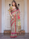 Cream & Pink Floral Heritage Printed Handloom Cotton Saree with Traditional Border & Tassels – Festive Wear