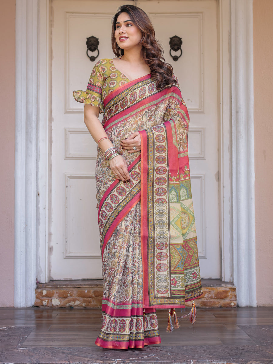 Cream & Pink Floral Heritage Printed Handloom Cotton Saree with Traditional Border & Tassels – Festive Wear
