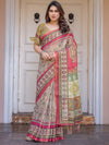 Cream & Pink Floral Heritage Printed Handloom Cotton Saree with Traditional Border & Tassels – Festive Wear