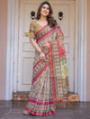 Cream & Pink Floral Heritage Printed Handloom Cotton Saree with Traditional Border & Tassels – Festive Wear
