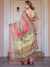 Cream & Pink Floral Heritage Printed Handloom Cotton Saree with Traditional Border & Tassels – Festive Wear