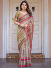 Cream & Pink Floral Heritage Printed Handloom Cotton Saree with Traditional Border & Tassels – Festive Wear