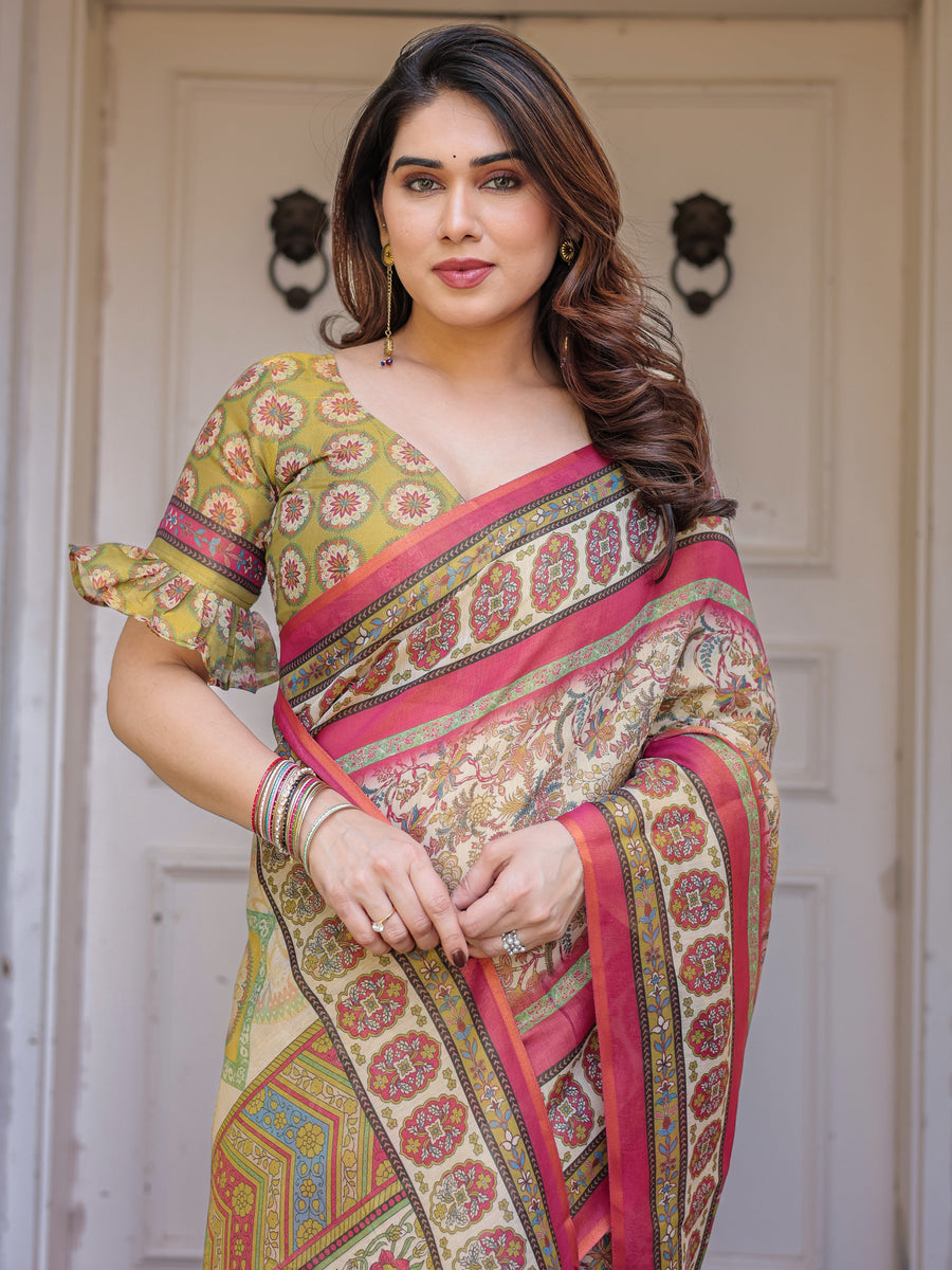 Cream & Pink Floral Heritage Printed Handloom Cotton Saree with Traditional Border & Tassels – Festive Wear