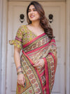 Cream & Pink Floral Heritage Printed Handloom Cotton Saree with Traditional Border & Tassels – Festive Wear