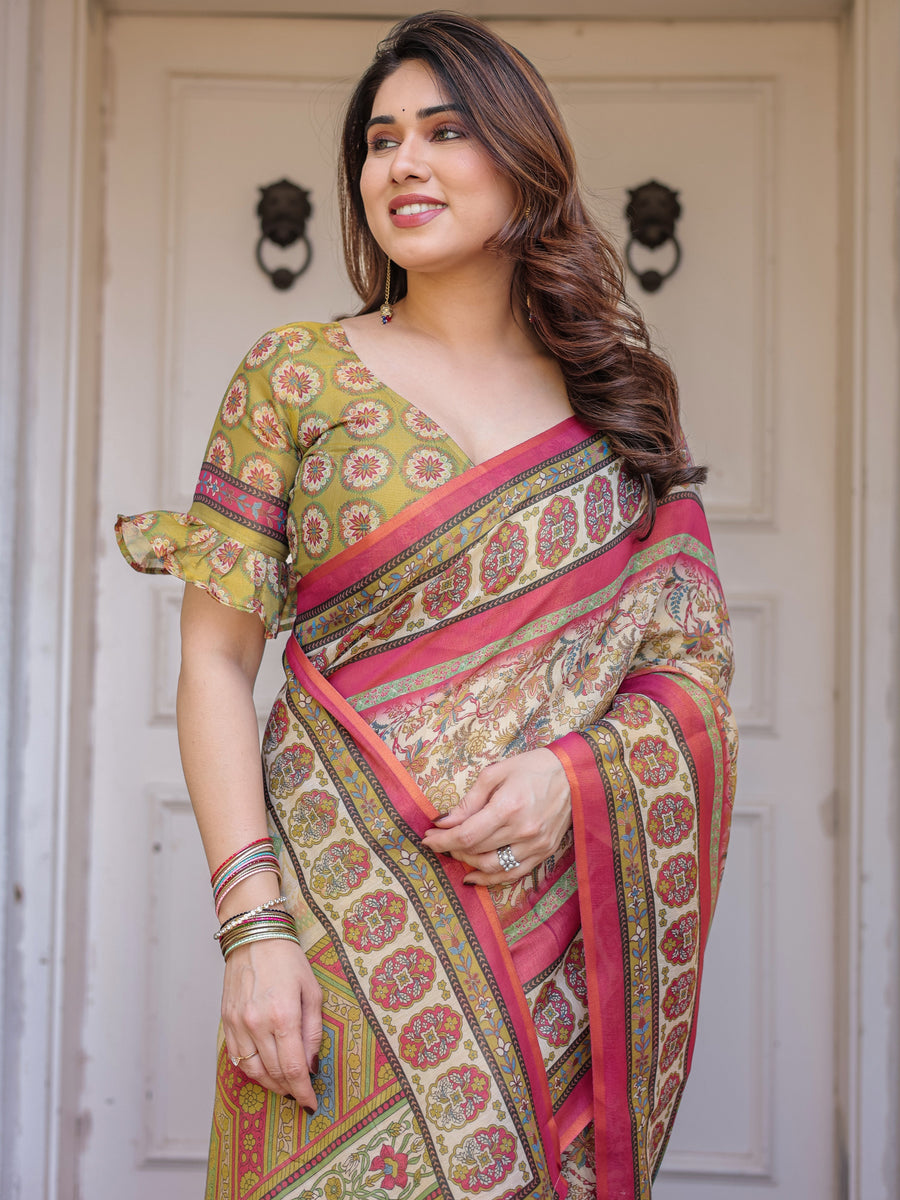 Cream & Pink Floral Heritage Printed Handloom Cotton Saree with Traditional Border & Tassels – Festive Wear