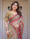 Cream & Pink Floral Heritage Printed Handloom Cotton Saree with Traditional Border & Tassels – Festive Wear