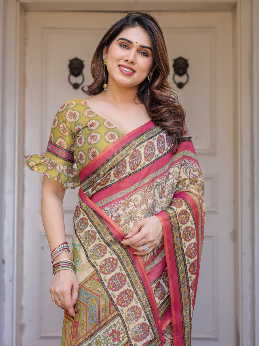 Cream & Pink Floral Heritage Printed Handloom Cotton Saree with Traditional Border & Tassels – Festive Wear