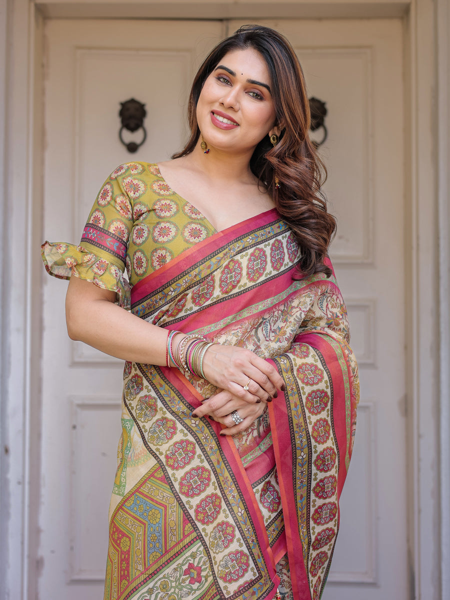 Cream & Pink Floral Heritage Printed Handloom Cotton Saree with Traditional Border & Tassels – Festive Wear