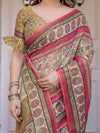 Cream & Pink Floral Heritage Printed Handloom Cotton Saree with Traditional Border & Tassels – Festive Wear