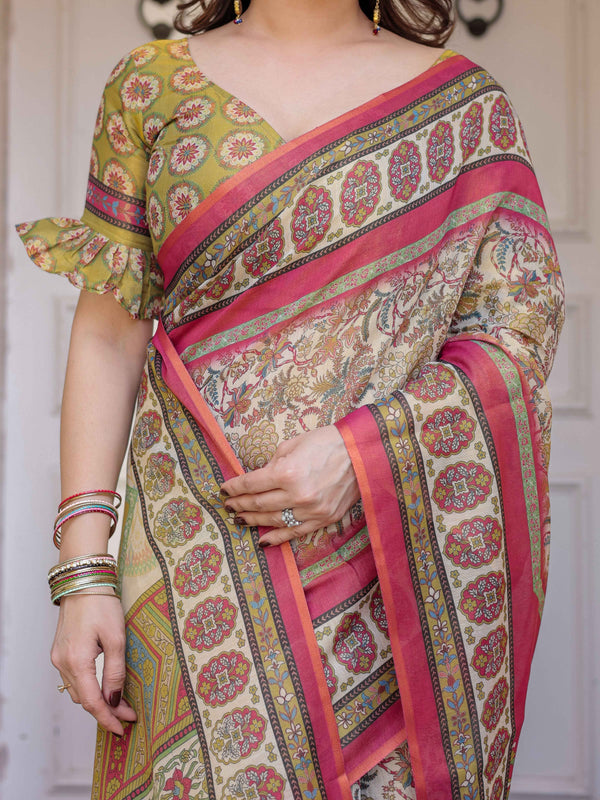 Cream & Pink Floral Heritage Printed Handloom Cotton Saree with Traditional Border & Tassels – Festive Wear