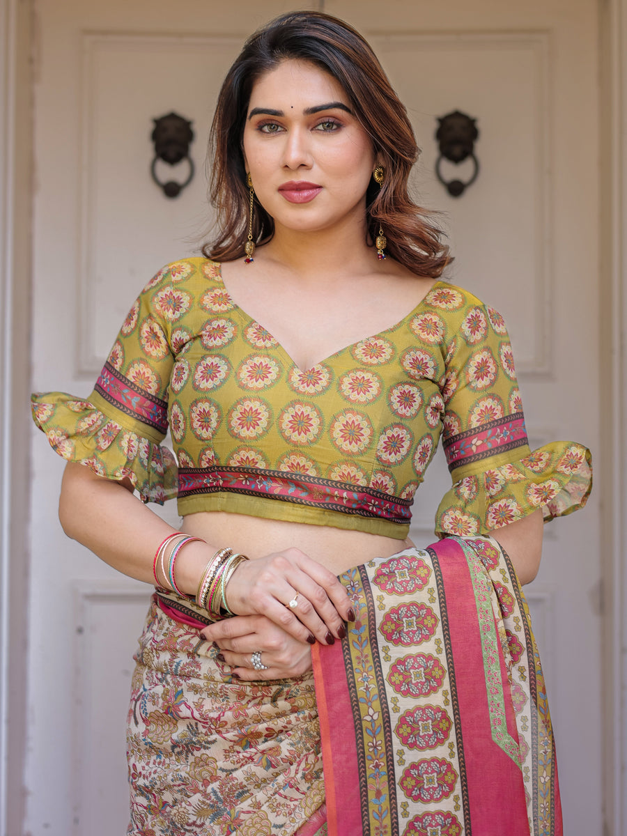Cream & Pink Floral Heritage Printed Handloom Cotton Saree with Traditional Border & Tassels – Festive Wear