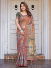 Rust Maroon & Olive Artistic Peacock Printed Handloom Cotton Saree with Heritage Border & Tassels – Festive Ethnic Wear