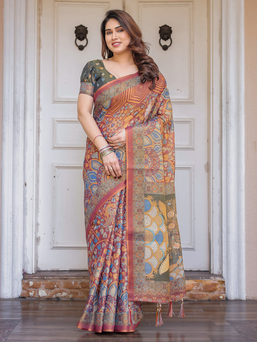 Rust Maroon & Olive Artistic Peacock Printed Handloom Cotton Saree with Heritage Border & Tassels – Festive Ethnic Wear