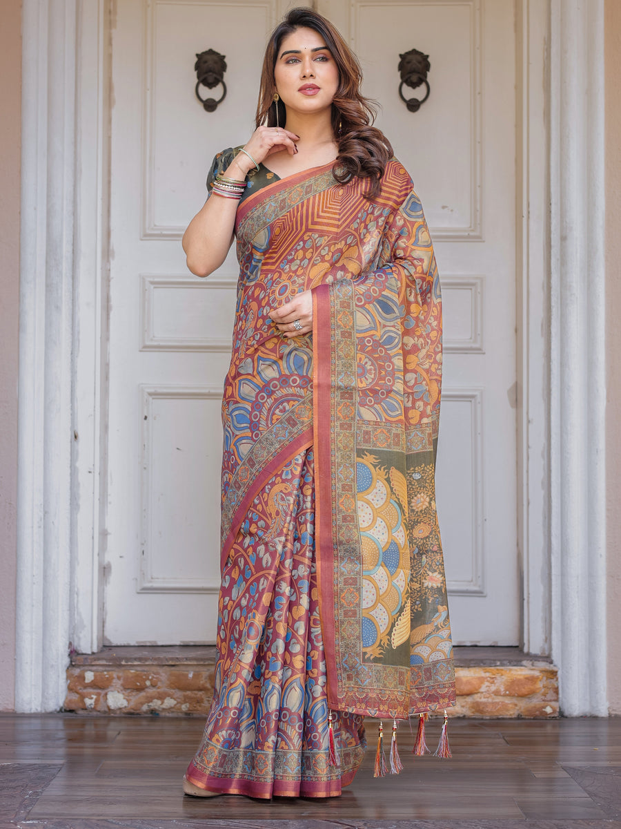 Rust Maroon & Olive Artistic Peacock Printed Handloom Cotton Saree with Heritage Border & Tassels – Festive Ethnic Wear