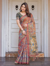 Rust Maroon & Olive Artistic Peacock Printed Handloom Cotton Saree with Heritage Border & Tassels – Festive Ethnic Wear