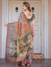 Rust Maroon & Olive Artistic Peacock Printed Handloom Cotton Saree with Heritage Border & Tassels – Festive Ethnic Wear