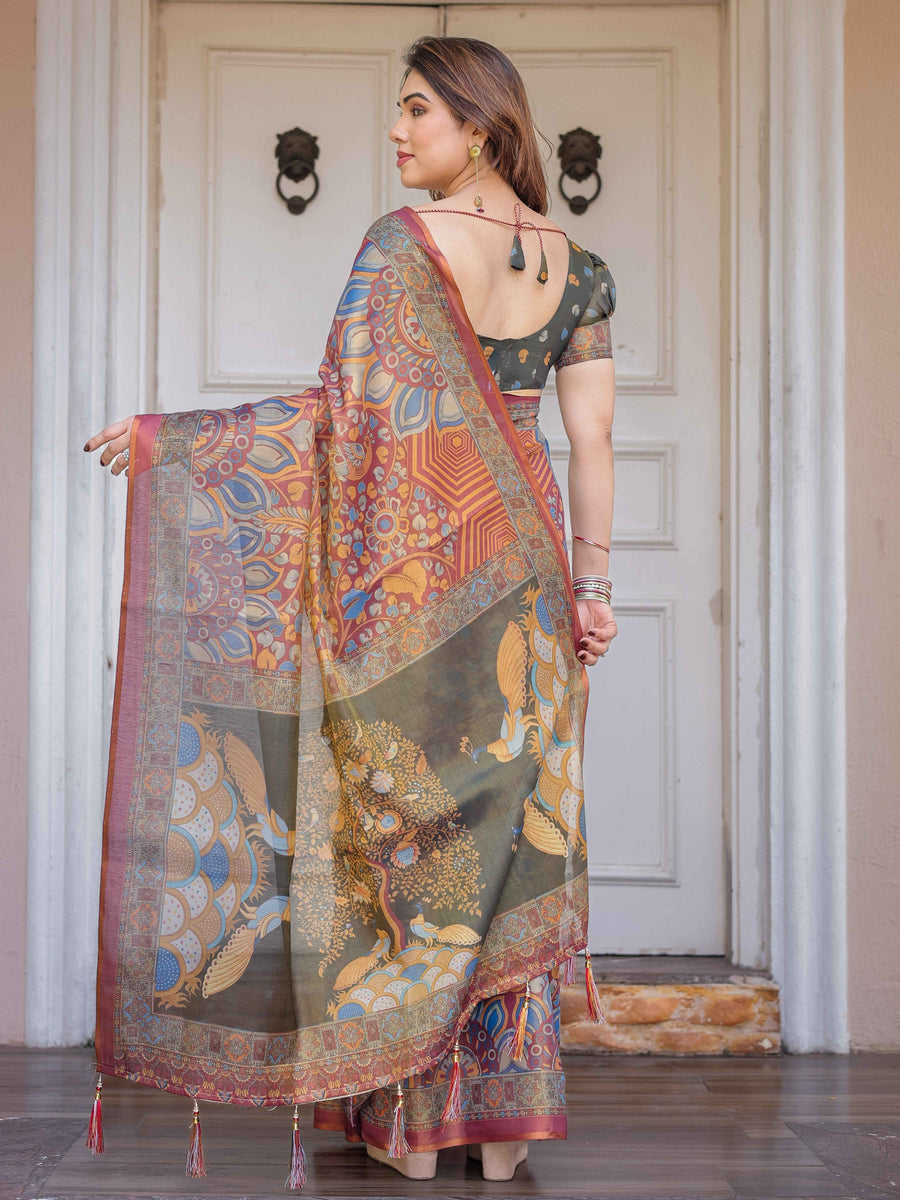 Rust Maroon & Olive Artistic Peacock Printed Handloom Cotton Saree with Heritage Border & Tassels – Festive Ethnic Wear