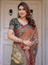 Rust Maroon & Olive Artistic Peacock Printed Handloom Cotton Saree with Heritage Border & Tassels – Festive Ethnic Wear