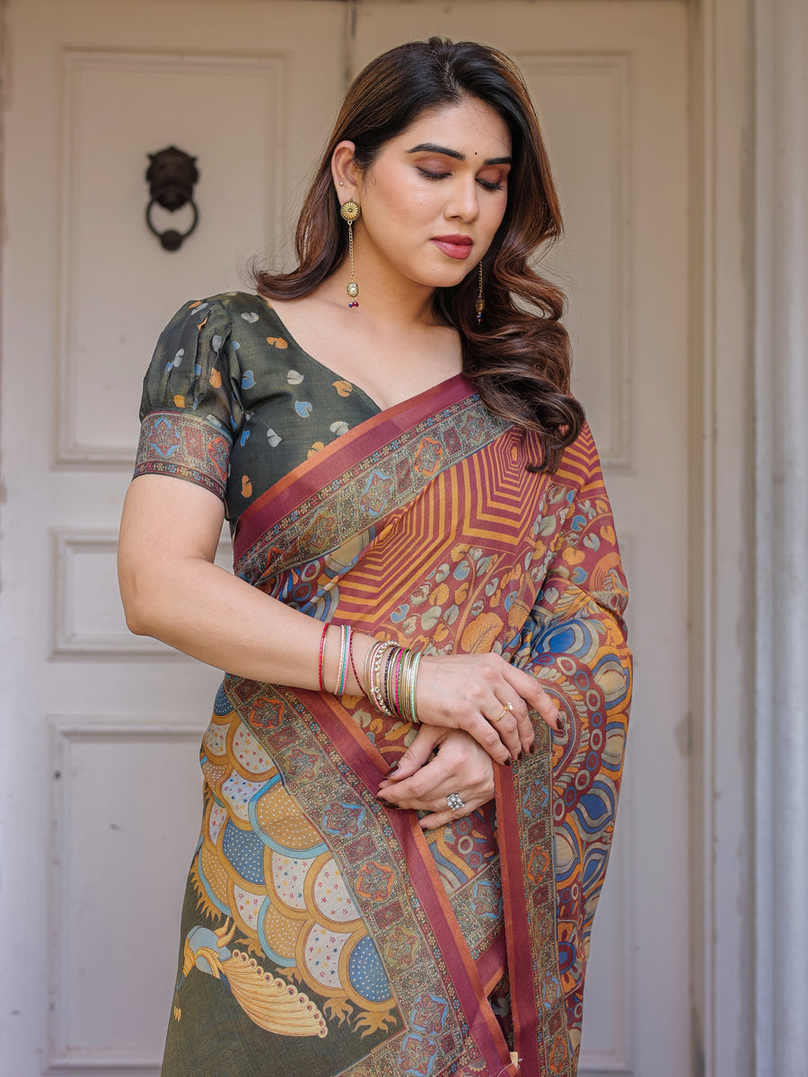 Rust Maroon & Olive Artistic Peacock Printed Handloom Cotton Saree with Heritage Border & Tassels – Festive Ethnic Wear