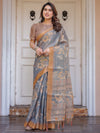 Steel Grey & Rust Gold Floral Handloom Cotton-Linen Saree with Zari Border & Tassels – Traditional Wear