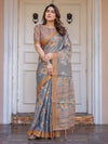 Steel Grey & Rust Gold Floral Handloom Cotton-Linen Saree with Zari Border & Tassels – Traditional Wear