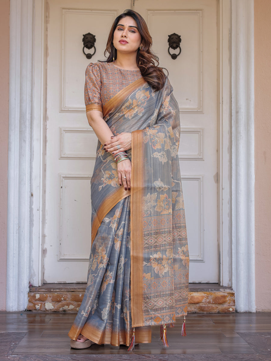 Steel Grey & Rust Gold Floral Handloom Cotton-Linen Saree with Zari Border & Tassels – Traditional Wear