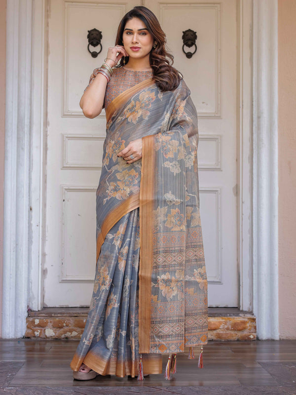 Steel Grey & Rust Gold Floral Handloom Cotton-Linen Saree with Zari Border & Tassels – Traditional Wear