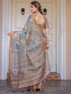 Steel Grey & Rust Gold Floral Handloom Cotton-Linen Saree with Zari Border & Tassels – Traditional Wear
