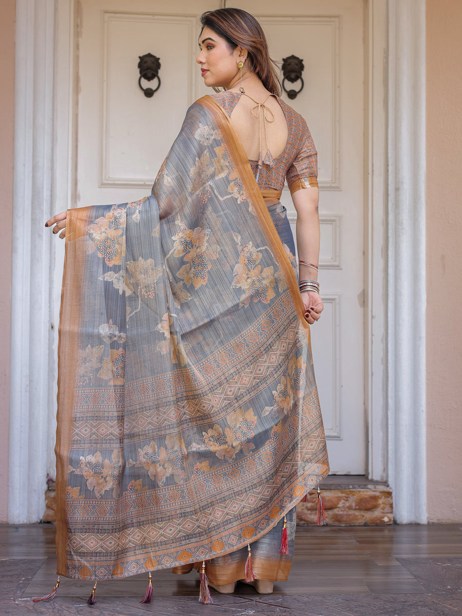 Steel Grey & Rust Gold Floral Handloom Cotton-Linen Saree with Zari Border & Tassels – Traditional Wear
