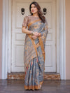 Steel Grey & Rust Gold Floral Handloom Cotton-Linen Saree with Zari Border & Tassels – Traditional Wear