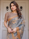 Steel Grey & Rust Gold Floral Handloom Cotton-Linen Saree with Zari Border & Tassels – Traditional Wear