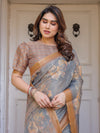 Steel Grey & Rust Gold Floral Handloom Cotton-Linen Saree with Zari Border & Tassels – Traditional Wear