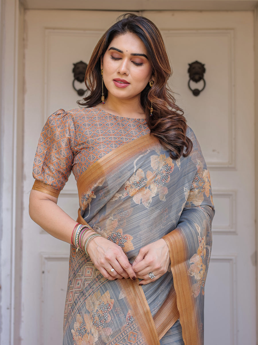 Steel Grey & Rust Gold Floral Handloom Cotton-Linen Saree with Zari Border & Tassels – Traditional Wear