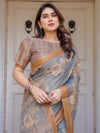 Steel Grey & Rust Gold Floral Handloom Cotton-Linen Saree with Zari Border & Tassels – Traditional Wear