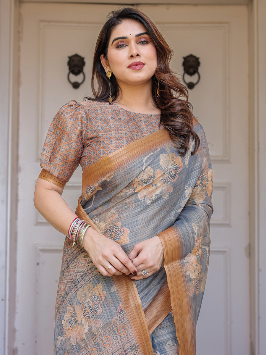 Steel Grey & Rust Gold Floral Handloom Cotton-Linen Saree with Zari Border & Tassels – Traditional Wear