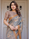 Steel Grey & Rust Gold Floral Handloom Cotton-Linen Saree with Zari Border & Tassels – Traditional Wear