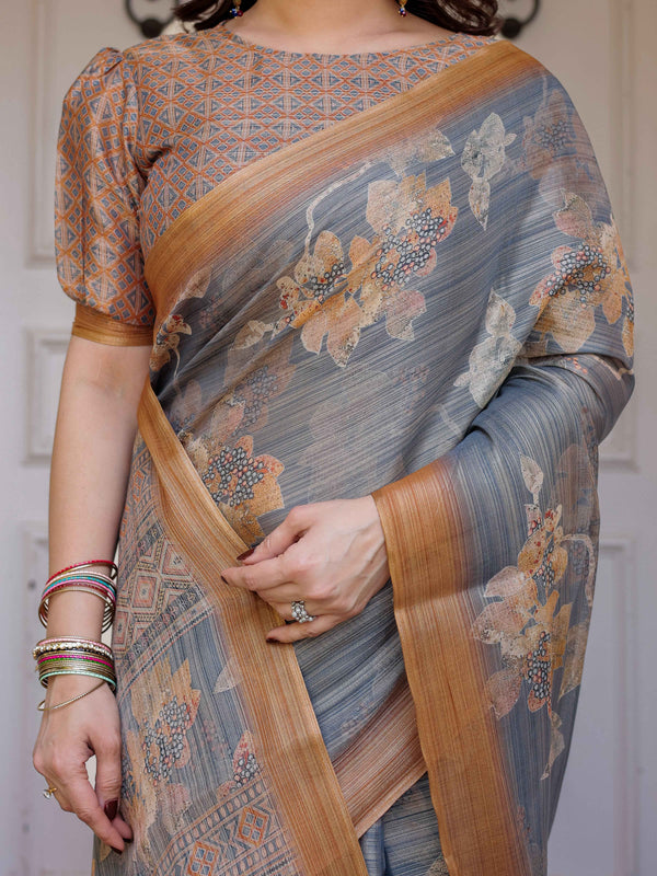 Steel Grey & Rust Gold Floral Handloom Cotton-Linen Saree with Zari Border & Tassels – Traditional Wear