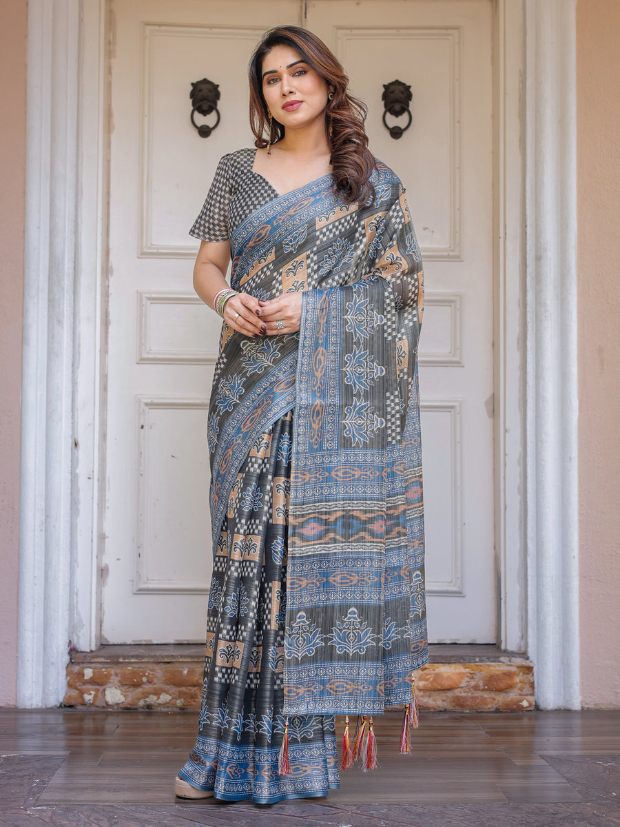 Charcoal Grey & Indigo Blue Ethnic Handloom Cotton-Linen Saree with Woven Border & Tassels – Traditional Wear